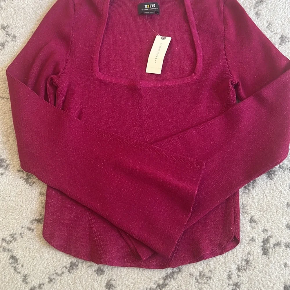 Maeve by Anthropologie NWT Square Neck Bell Sleeve Sweater Raspberry Sparkle - Picture 6 of 9